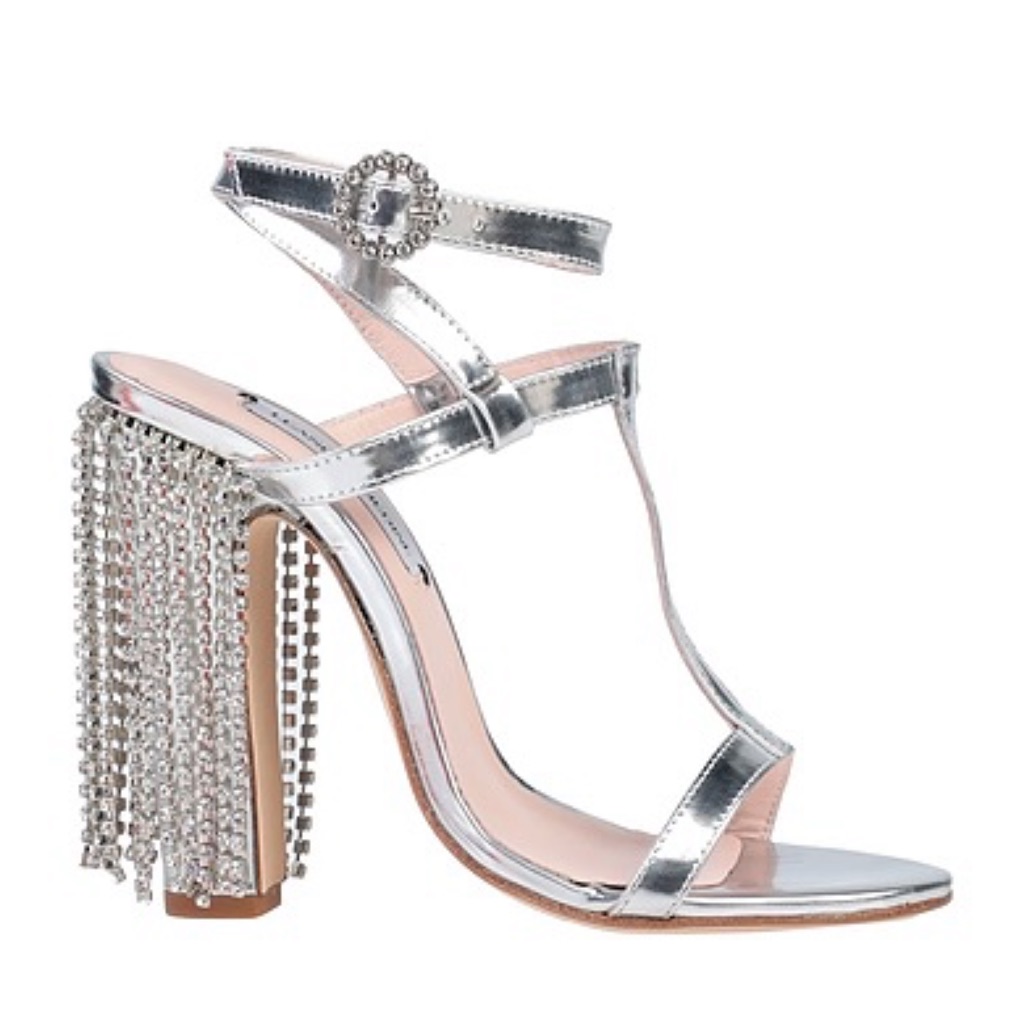 Leandra Medine Silver T-Strap Heeled Rhinestone Sandals